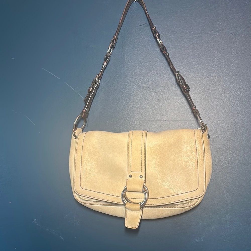 Coach Cream Leather Shoulder Bag with Brown Strap